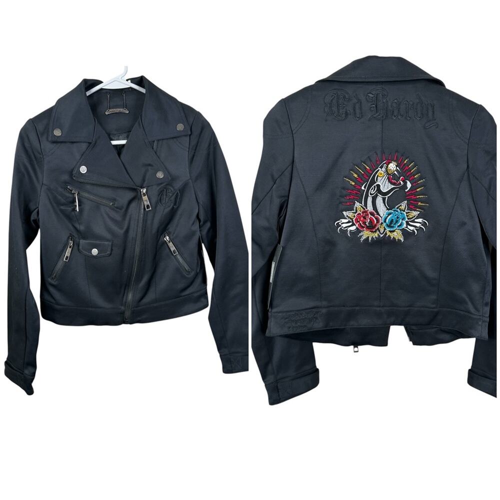 NEW Ed Hardy Vintage Jacket Womens XS Black Moto Vintage Deadstock Y2K Coat
